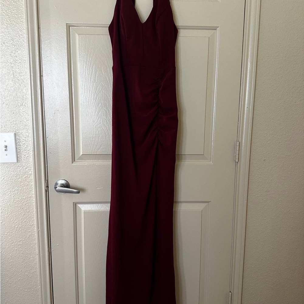 David's Bridal Deep Burgundy V-Neck Maxi Dress